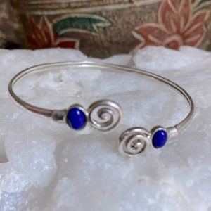 Sterling Silver 925 Greek Swirl with Blue Stones Cuff Bracelet
